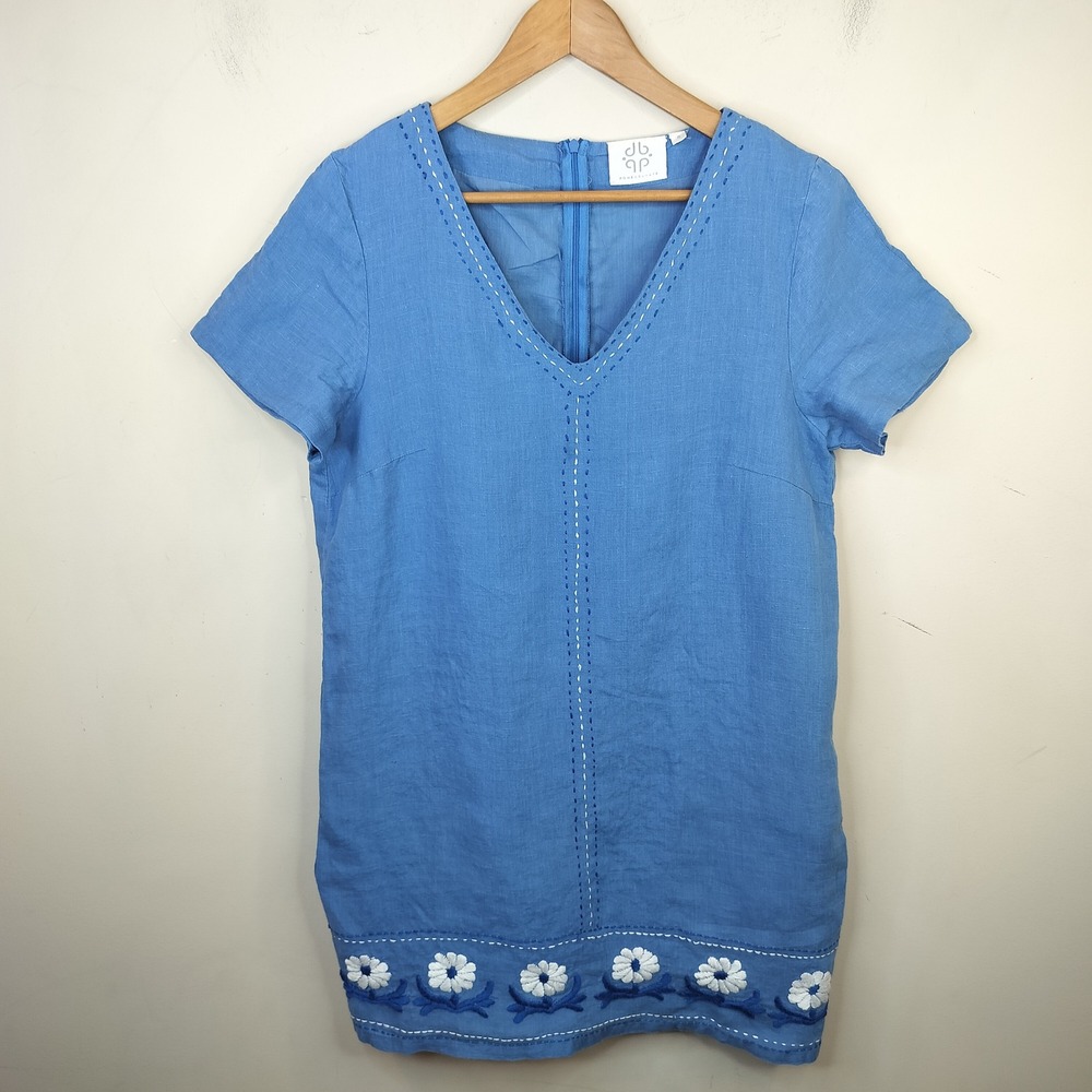 Pomegranate Linen Shift Dress Embroidered Floral Mini Small Boho Blue
